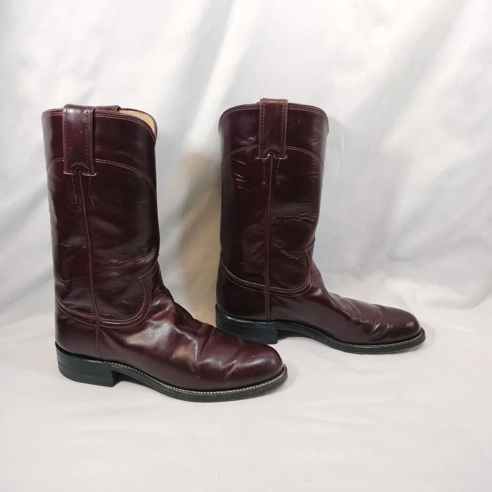 Justin Burgundy Cowboy Boots; Leather, Made in USA, Vintage, Western
